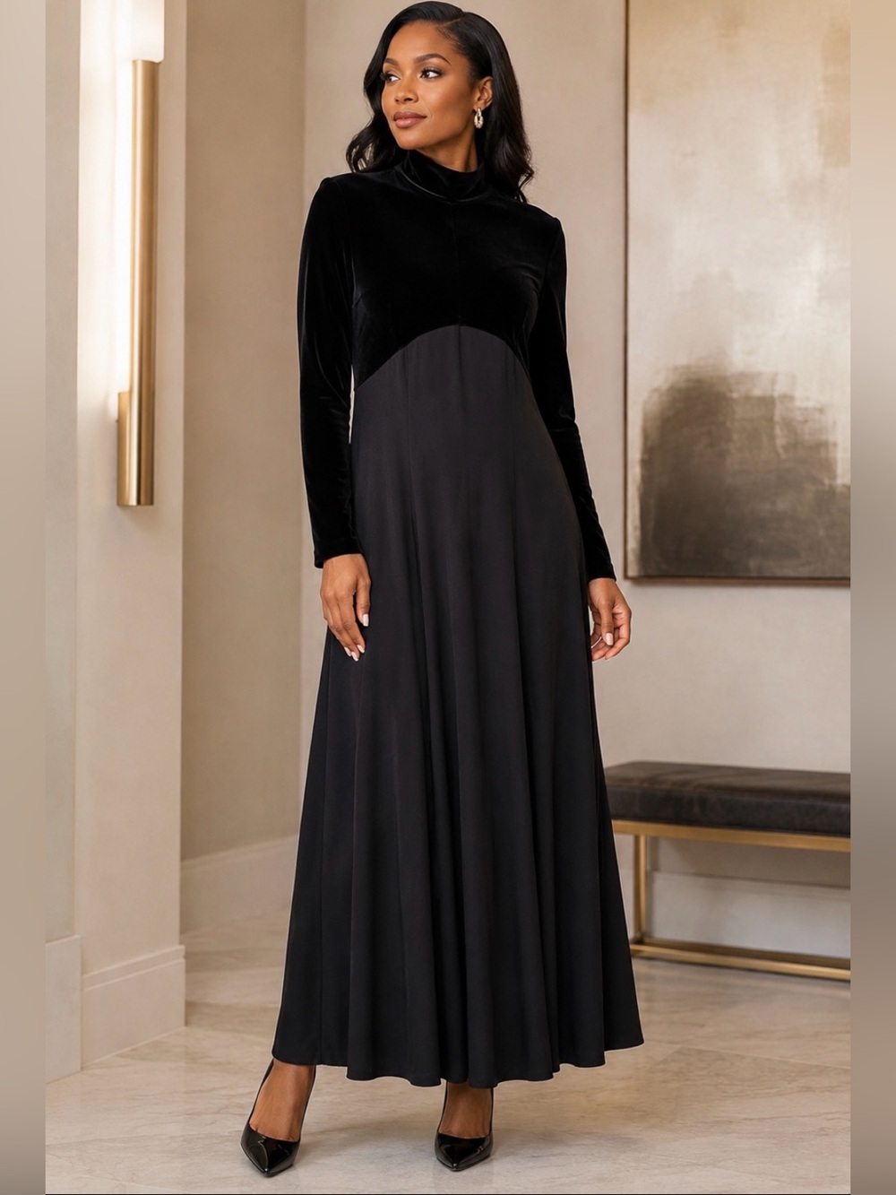 Chetta B CITAD Black Vintage Velvet & Nylon Maxi Dress Size 8